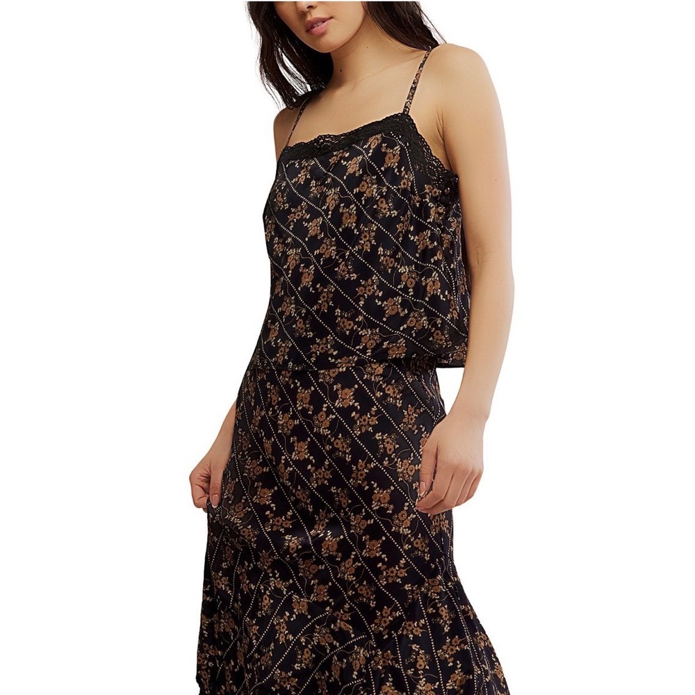 Free People Bali Margot Top Black Combo Floral Lace Trim Cami OB2228965‎ Small